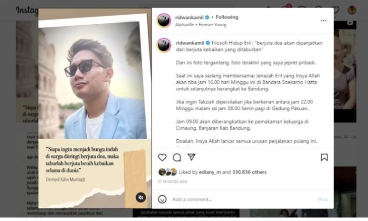 Unggah Foto Eril, Ridwan Kamil: Foto Terganteng Terakhir yang Saya Jepret Pribadi