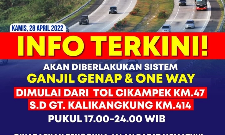 One Way dan Ganjil-Genap Diterapkan Hari Ini di Jalan Tol