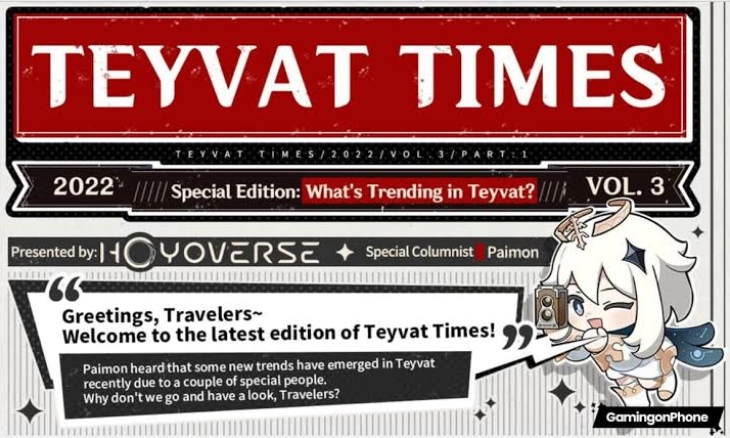 Teyvat Times Buletin Khusus Genshin Impact yang Dirilis di Pembaruan Versi 3.0
